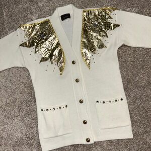 Vintage Focus Embellished Cardigan Sweater Women ONE SIZE Button Gold Jeweled